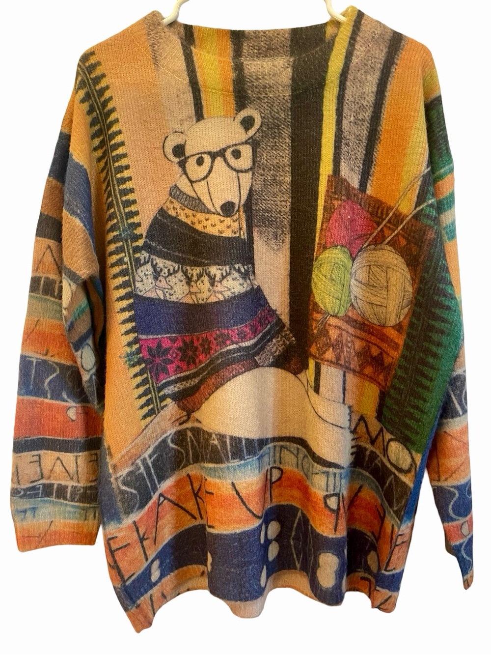 Women's Multicolor Graphic Crewneck Sweater with Bear Motif